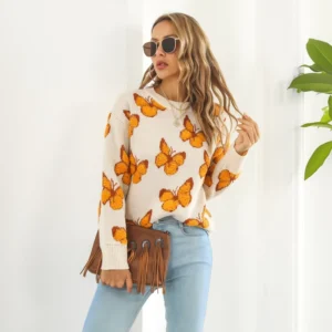 Autumn and Winter Casual 3D Jacquard O Neck Color Block Knitted Front Logo Loose Fit Pullover Sweater for Women