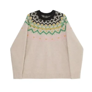 Autumn and Winter French Style Design Jacquard Sweater Top Round Neck Long Sleeve Cute Pullover Sweater