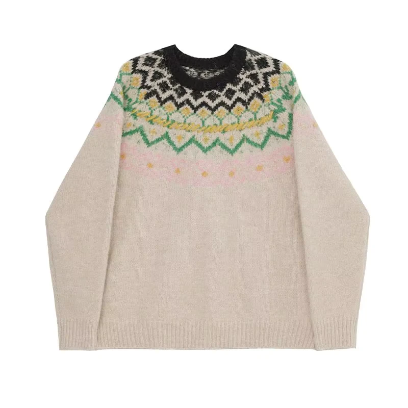 Autumn and Winter French Style Design Jacquard Sweater Top Round Neck Long Sleeve Cute Pullover Sweater