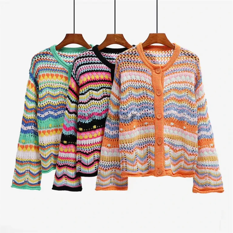 Autumn-and-Winter-New-Striped-Sweater-Women-Loose-rainbow-Knitwear-Cross-border-Womens-Cardigan