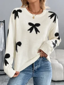 Autumn and Winter Sweaters European and American Festivals Sweet Girlish Style Round Neck Bow Jacquard Women’s Knitted Sweater