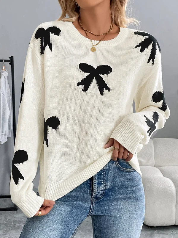 Autumn-and-Winter-Sweaters-European-and-American-Festivals-Sweet-Girlish-Style-Round-Neck-Bow-Jacquard-Womens-Knitted-Sweater