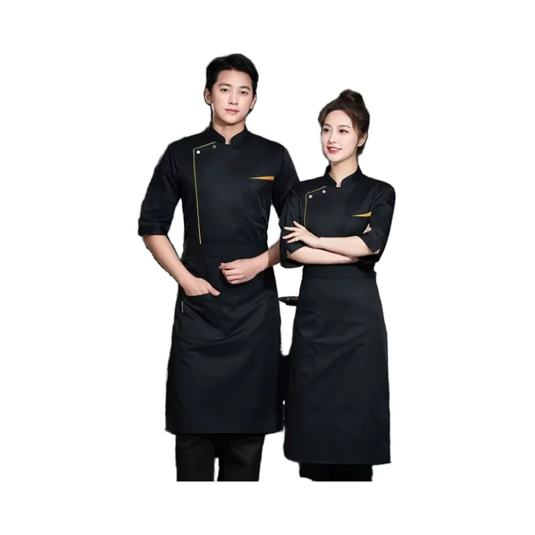 BBQ-Chef-Coat-Short-Sleeve-Gold-Trim-Woven-Unisex-Poly-Cotton-for-Restaurants-Heat-Resistant-Silk-Screen-Printed-Custom