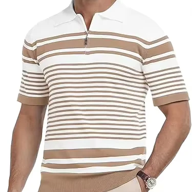 BSCI Men's Knit Collared Polo Shirts Short Sleeve Zipper Striped Tops Classic Fit Casual Soft T Shirt