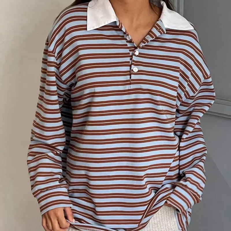 Back to School Clothing Custom Print Embroidered Striped Polo Neck Rugby Shirts Long Sleeve T Shirts for Men for Women