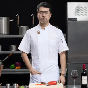 Bar Club Waiter Uniform Polyester Chef Jacket Short Sleeve Side Pocket Work Shirt Men’s Kitchen Chef Restaurant Manager Uniform