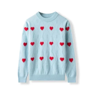 Beige Sweater with Red Heart Pattern