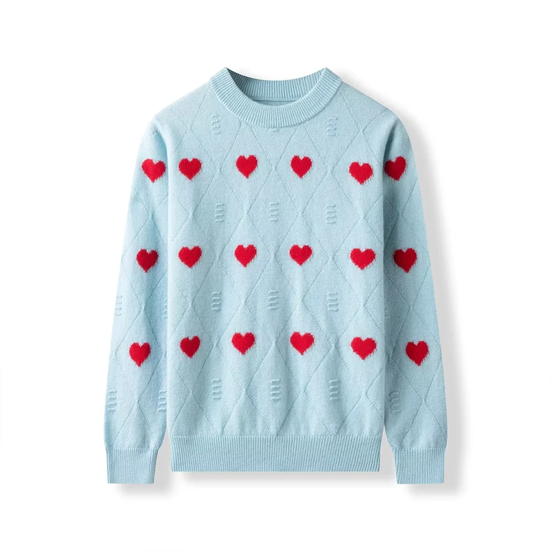 Beige Sweater with Red Heart Pattern