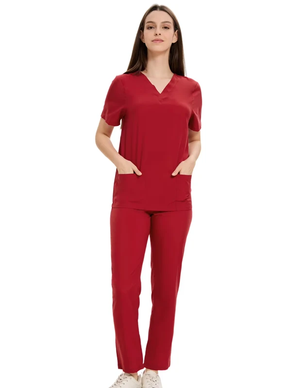 Bestex Custom in Stock Red V Neck Women Nursing Scrubs Tops Nurse Medical Scrubs Uniform Sets Manufacturer