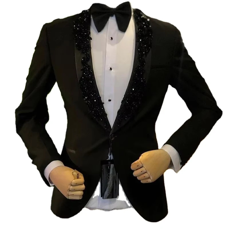 Black Beads Groom Tuxedos Men's Morning Suits Stage Cosplay Party Suits Wedding Best Man Blazer Jacket+Pants