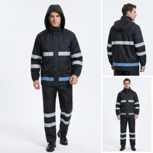 Black Eco Friendly Oxford Cloth Rain Suit Thick Durable Waterproof Raincoat & Pants with Reflective Safety Features