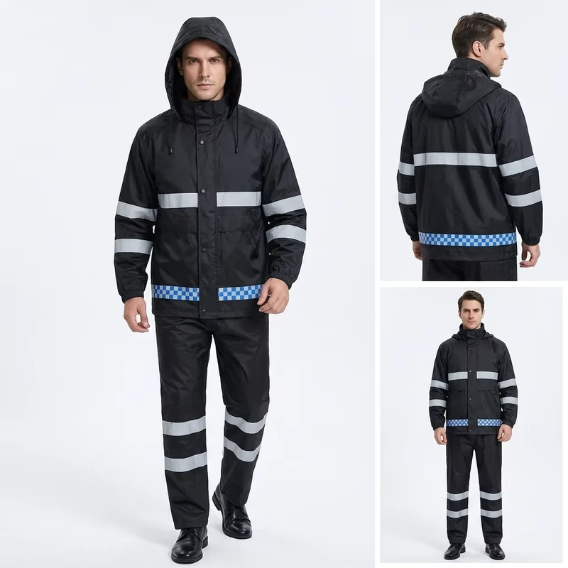 Black Eco Friendly Oxford Cloth Rain Suit Thick Durable Waterproof Raincoat & Pants with Reflective Safety Features