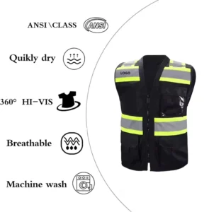 Black High Visibility Reflective Work Construction Safety Vest