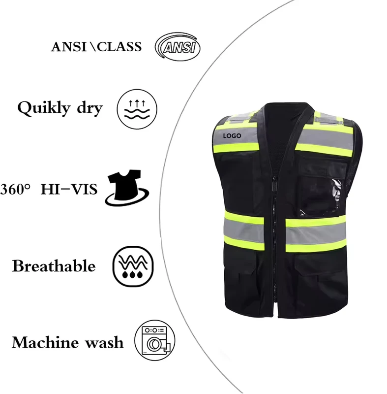 Black High Visibility Reflective Work Construction Safety Vest