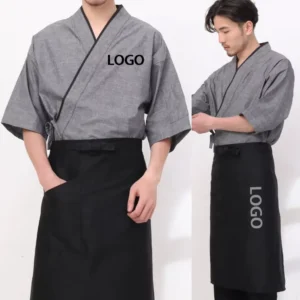 Black Lines Grey Chef’s Japanese Kimono Waiter’s Half Sleeve Men’s Custom Logo Food Work Uniform Kimono for Sushi Restaurant
