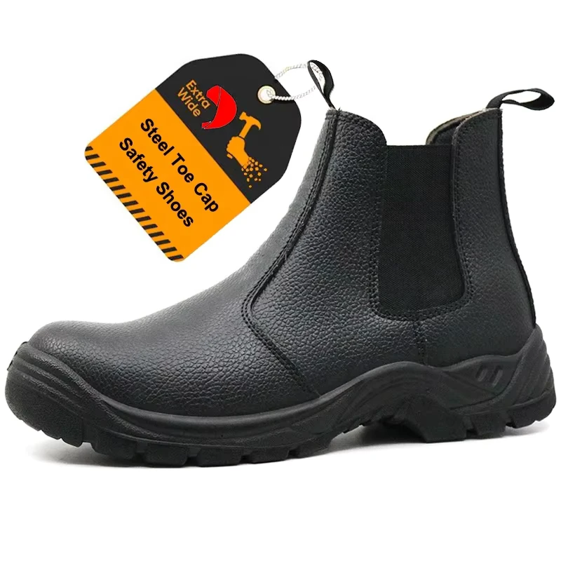 Black Men's Genuine Leather Work Boots Safety Shoes Steel Toe Puncture proof Oil & Slip Resistant Pu Sole Middle Cut No Laces