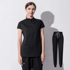 Black Women’s Medical Scrub Set Short Sleeve Top Jogger Pants Hospital Uniform