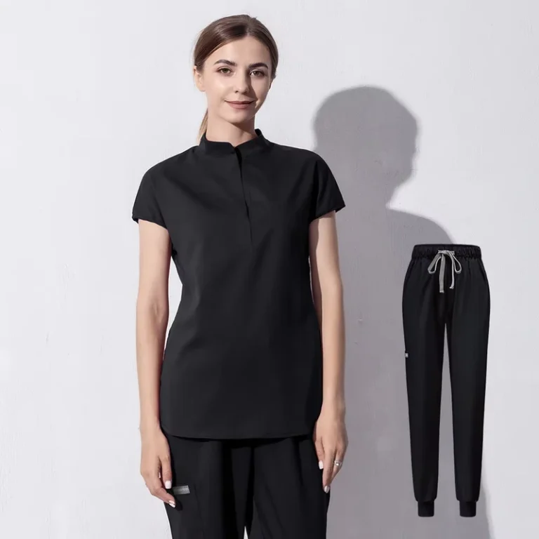 Black-Womens-Medical-Scrub-Set-Short-Sleeve-Top-Jogger-Pants-Hospital-Uniform