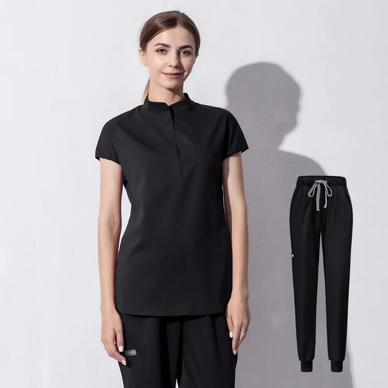 Black Women's Medical Scrub Set Short Sleeve Top Jogger Pants Hospital Uniform