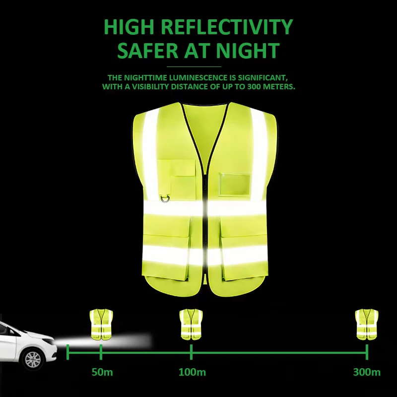Black and Green Reflective Safety Vest High Visibility Class 2 Security Vest with Pockets for Running and Site Work