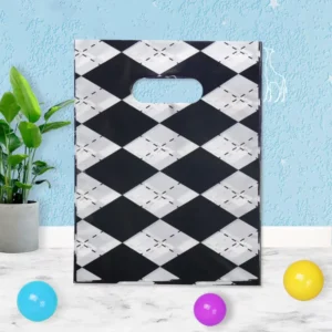 Black and White Argyle Plastic Shopping Bags with Die-Cut Handles, Geometric Print