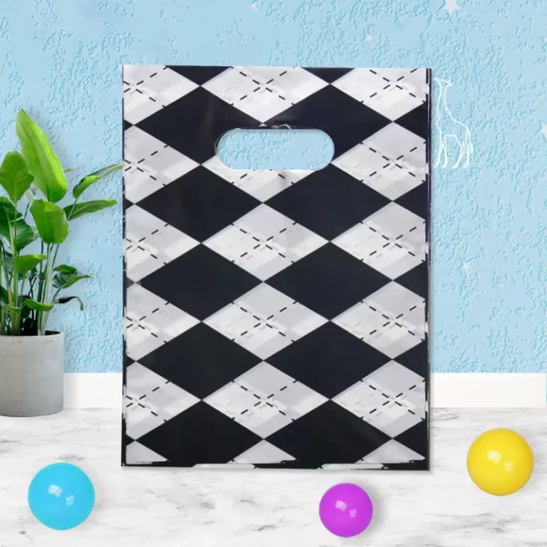 Black-and-White-Argyle-Plastic-Shopping-Bags-with-Die-Cut-Handles-Geometric-Print
