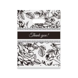 Black and White Floral Plastic Thank You Bags, Rose Print, Die-Cut Handles