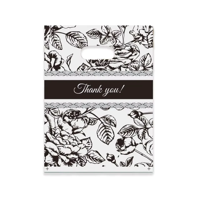 Black and White Floral Plastic Thank You Bags, Rose Print, Die-Cut Handles