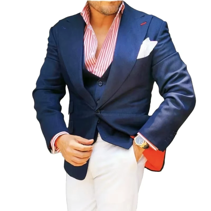 Blue Blazer White Pants Peaked Lapel Business Wedding Groom Tuxedos 3 Pieces Groomsmen Formal Wear Slim Fit Mens Suits