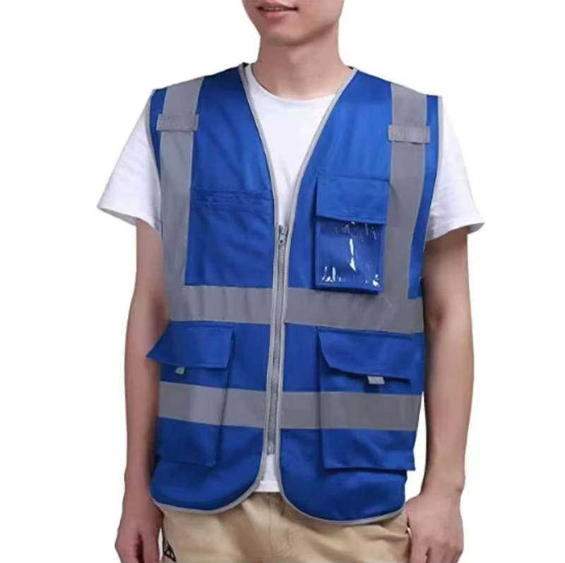 Blue Hi Vis Safety Vest with Pockets, Zipper, and Customizable Logo