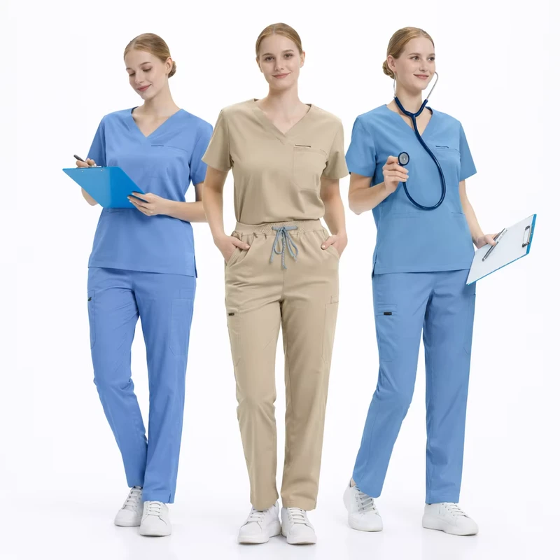 Blue Unisex 2-Piece Nurse Uniform Short Sleeve Top Jogger Pants Spandex Polyester Rayon Scrubs Supplier