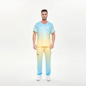 Blue-Yellow Gradient V-Neck Color-Block Medical Scrub Set with Jogger Pants