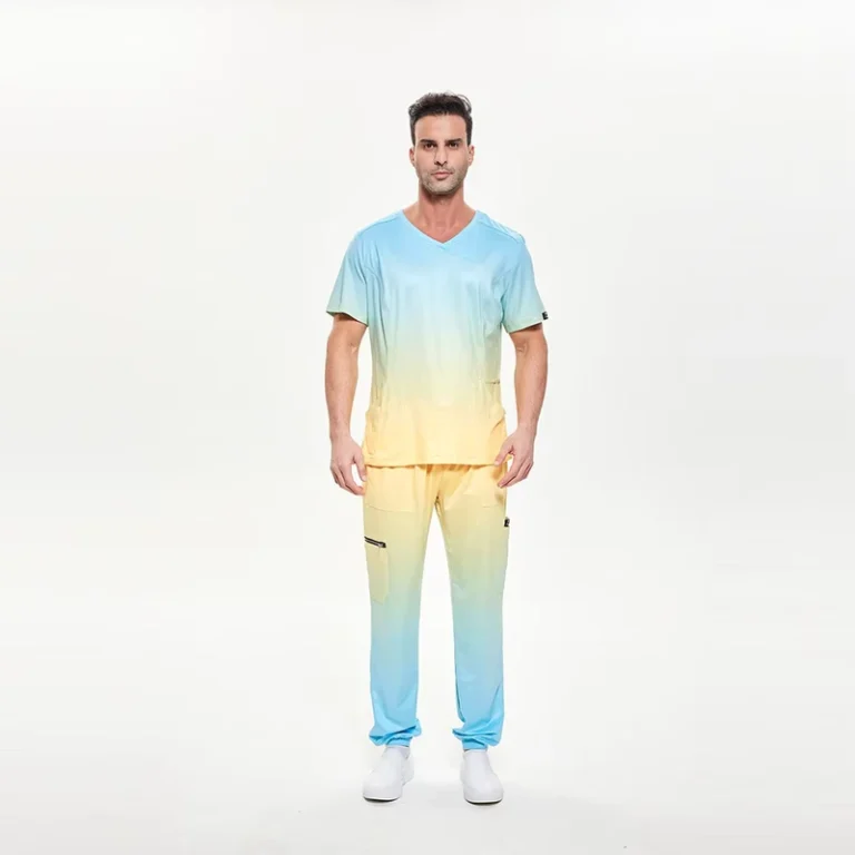 Blue-Yellow-Gradient-V-Neck-Color-Block-Medical-Scrub-Set-with-Jogger-Pants