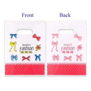Bow Print Plastic Shopping Bags with Die-Cut Handles, Boutique Gift Bags