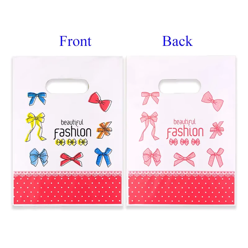 Bow Print Plastic Shopping Bags with Die-Cut Handles, Boutique Gift Bags