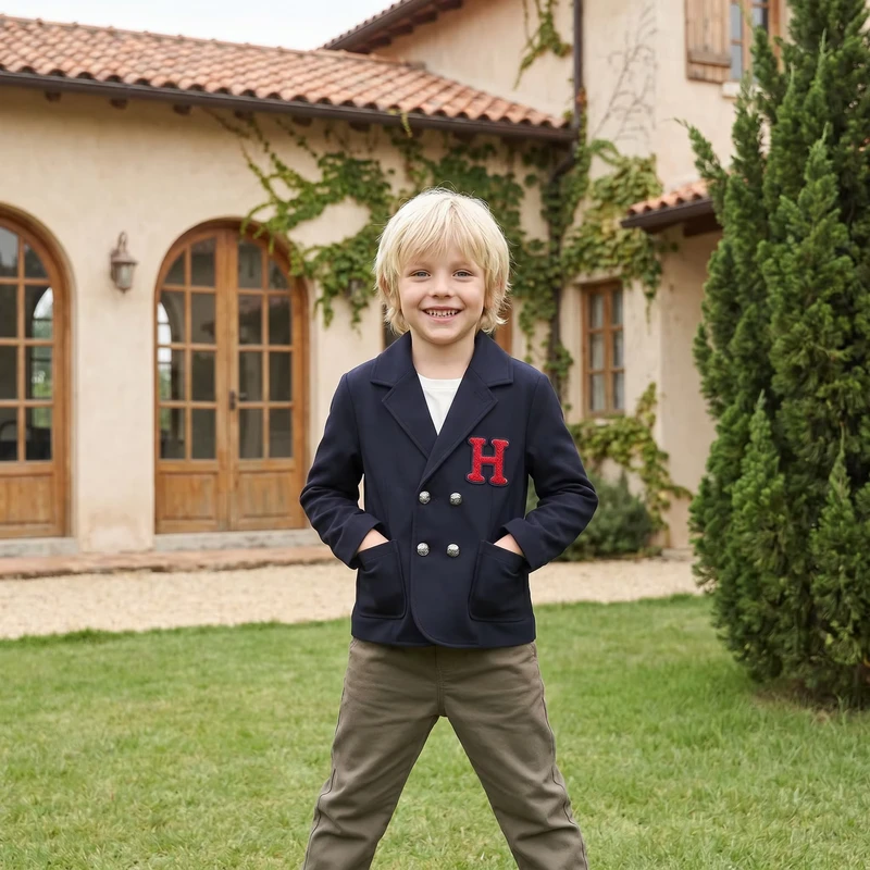 Boys' College style Double breasted Woolen Suit Jacket 30%Nylon 65%Rayon 5%Spandex Yarn Dyed