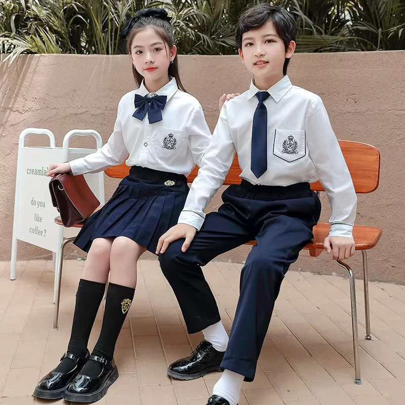 Boys' School Uniform Set, Long Sleeve White Shirt with Embroidery and Navy Blue Uniform Pants