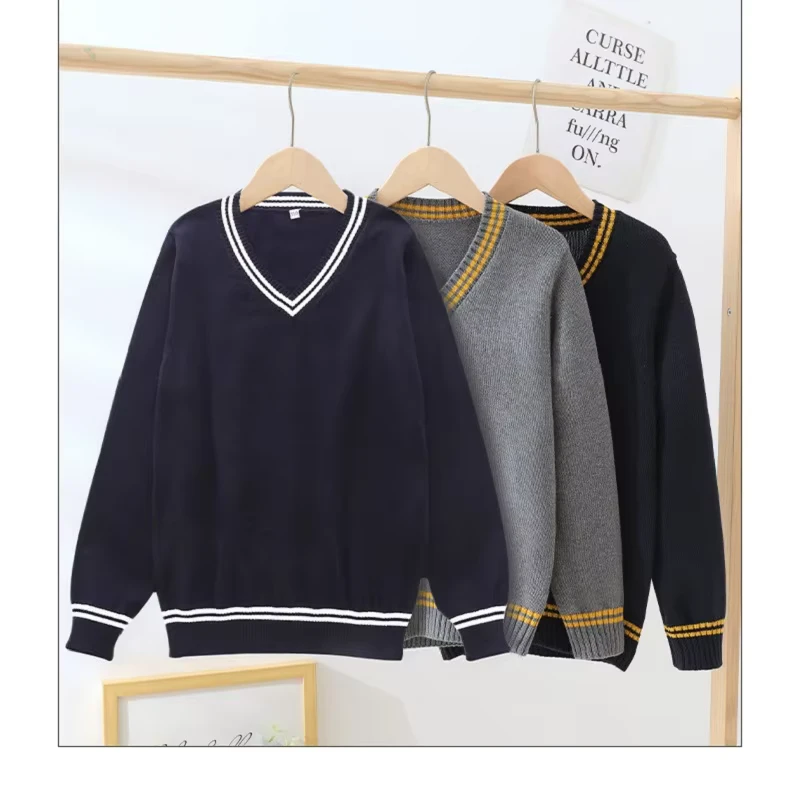 Boys' V-Neck Long-Sleeve Knitted School Uniform Sweater