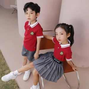 Boys and Girls Two Piece Summer Uniform Set Custom Design Polo Shirts and Skirt Primary Children High Kid School Uniforms