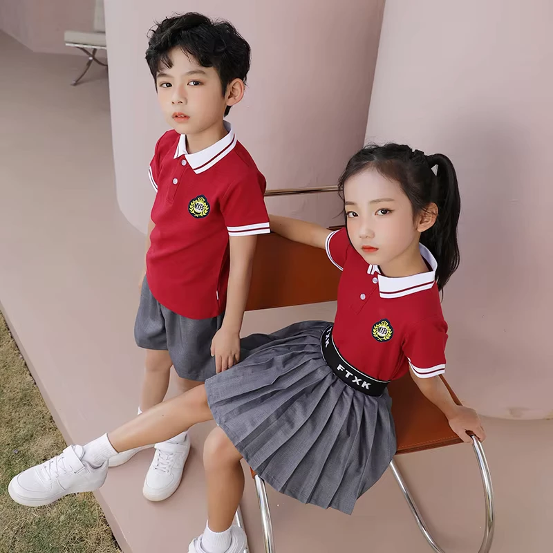 Boys and Girls Two Piece Summer Uniform Set Custom Design Polo Shirts and Skirt Primary Children High Kid School Uniforms