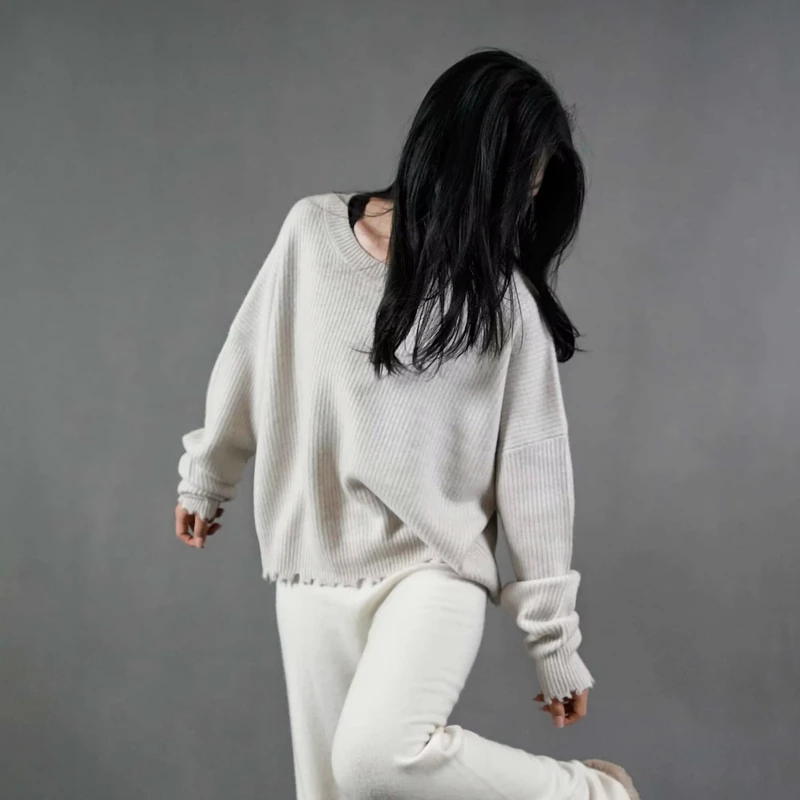 Breathable 100% Cashmere Computer Knitted Pullover Sweater Chinese Style with Irregular Notch Front Logo for Winter