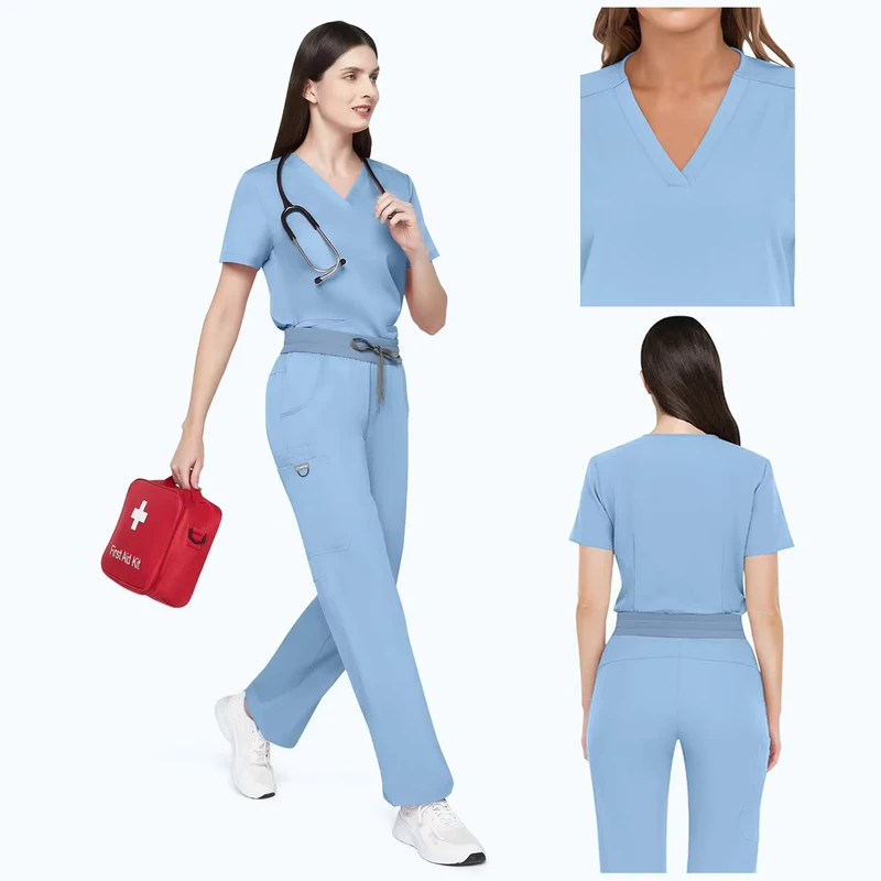 Breathable 4-Way Stretch Medical Scrub Set Cool Gray TR Fabric Mesh Panel Nursing Workwear