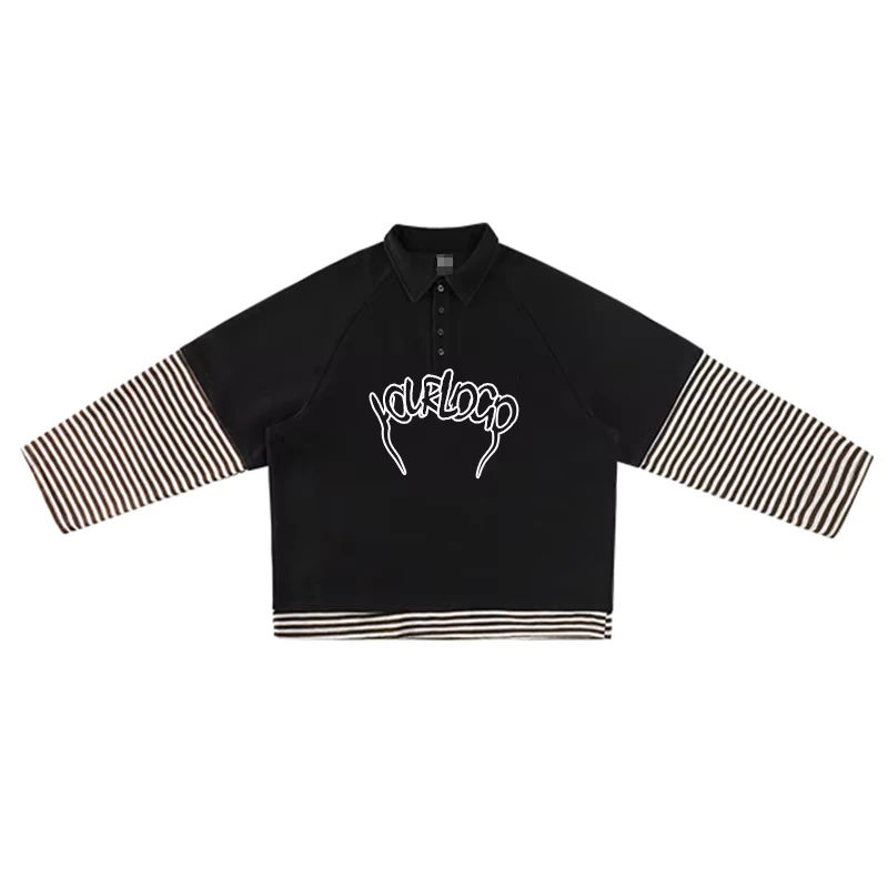 Breathable Cotton Loose Fitting Pullover Long Sleeved Tees Double Layer Sleeve Striped Polo Neck T Shirt