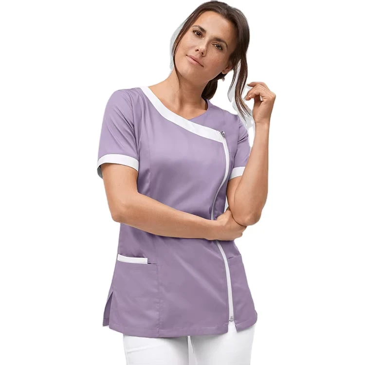 Breathable Flame-Retardant Color-Block Nursing Scrub Tunic with Zipper