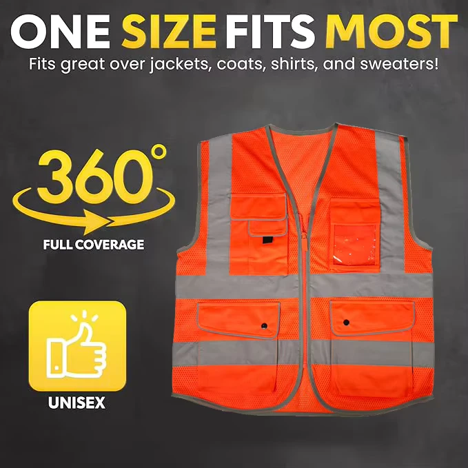 Breathable High Visibility Reflective Safety Vest with Multiple Pockets