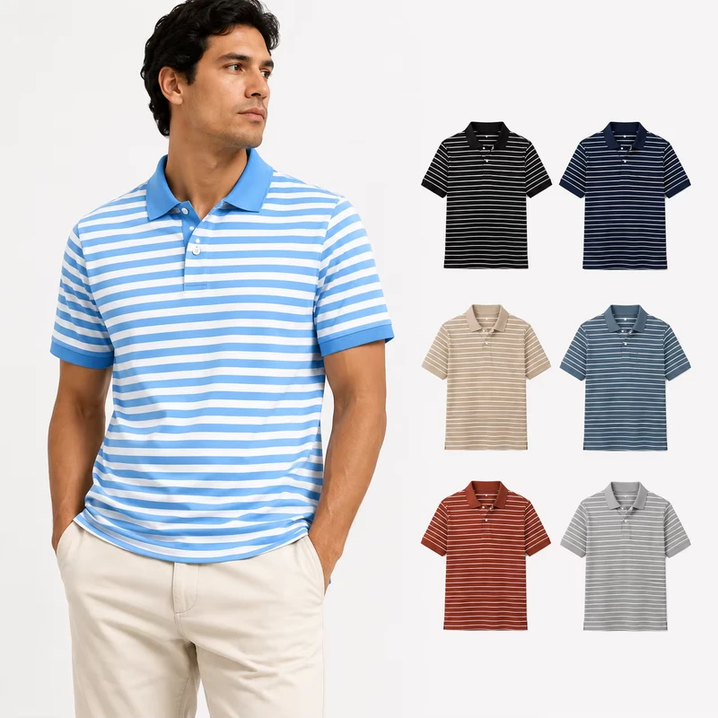 Breathable Knitted Fabric Plus Size Men's Striped Polo Shirts Customizable Logo