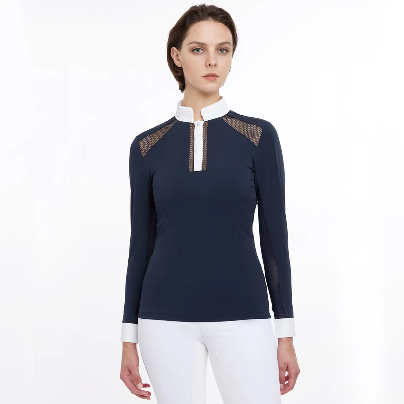 Breathable Lace Mesh Half Zip up Top Professional Show Shirt Navy Long Sleeve Base Layer