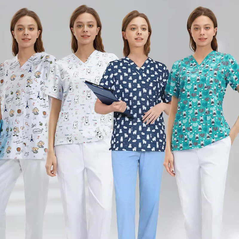 Breathable Lightweight Woven Short Sleeve Printed Surgical Scrubs Uniform Polyester Material Custom Logo Option Unisex Hospital