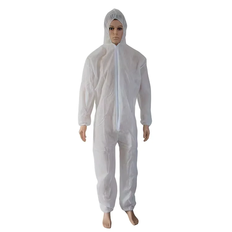 Breathable-Polypropylene-One-Piece-Protective-Coverall-with-Hood-Waterproof-White-Blue-Color