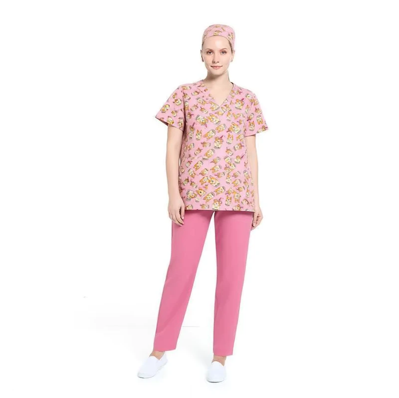 Breathable Stretch Cartoon Print Scrub Set Unisex Medical Nurse Uniform With Cap Multi Patterns Available